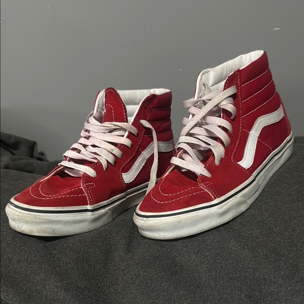 Vans Red and White High-Top Skate Sneakers
